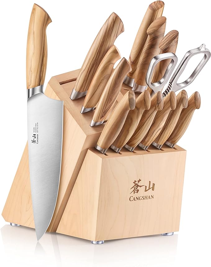 Cangshan OLIV Series 15-Piece Knife Block Set, Forged Swedish 14C28N Steel, Maple Block, 501691