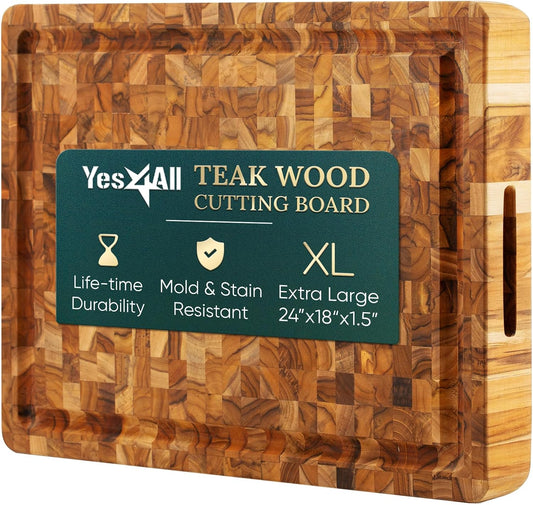 Yes4All Durable Teak Cutting Boards for Kitchen, [24''Lx18''Wx1.5” Thick] Extra Large End Grain Cutting Board, Pre Oiled Wood Cutting Boards, Thick Chopping Board w/Juice Grooves and Easy Grip Handle