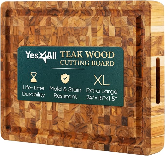 Yes4All Durable Teak Cutting Boards for Kitchen, [24''Lx18''Wx1.5” Thick] Extra Large End Grain Cutting Board, Pre Oiled Wood Cutting Boards, Thick Chopping Board w/Juice Grooves and Easy Grip Handle