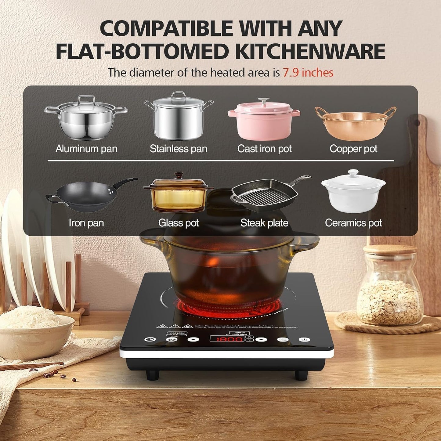 Electric Cooktop Single Burner, 1800W Electric Stove Top Portable, Electric Hot Plate 110v Plug in Countertop,Child Safety Lock,Timer,9 Power Level, Compatible for All Cookware, Induction Cookotp