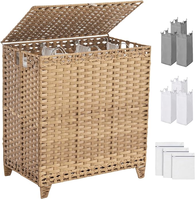 Laundry Hamper with Lid, 190L Large Laundry Basket 3 Section with 6 Removable Liner Bags & 3 Mesh Laundry Bags, Handwoven Rattan Clothes Hamper with Heightened Feet, No Install Needed, Natural