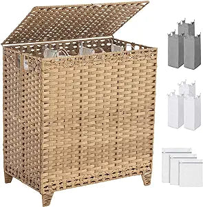 Laundry Hamper with Lid, 190L Large Laundry Basket 3 Section with 6 Removable Liner Bags & 3 Mesh Laundry Bags, Handwoven Rattan Clothes Hamper with Heightened Feet, No Install Needed, Natural