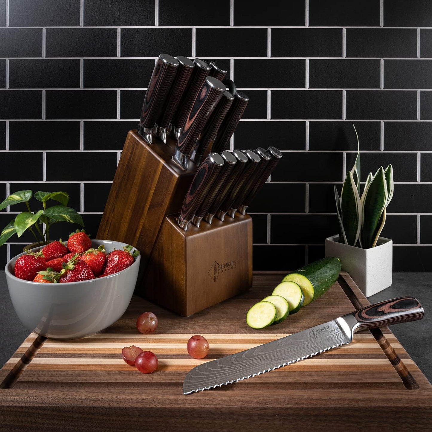 SENKEN 16-Piece Acacia Wood Knife Block Set with Laser Damascus Pattern - Includes Steak Knives, Kitchen Shears, Chef's Knife, Santoku, Cleaver & More