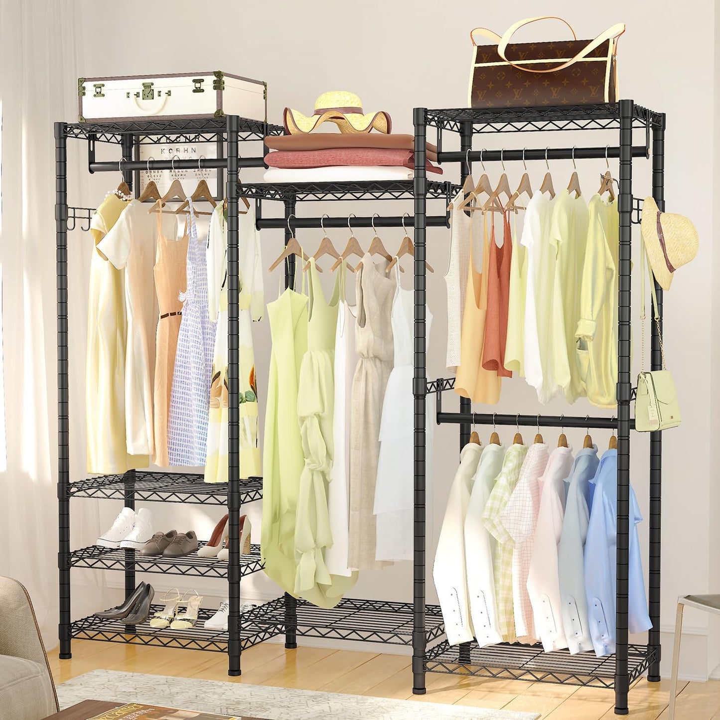 Heavy Duty Clothes Rack and Wardrobe Closet Storage Organizer - Adjustable Clothing Organizer for Wardrobe Cabinet and Clothes Organization, Freestanding Clothing Rack