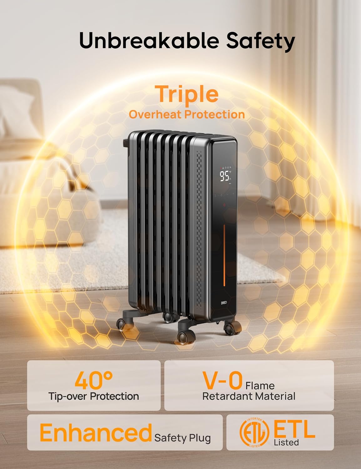 Dreo Oil Filled Radiator, 1500W Electric Radiant Heaters with Remote Control, 4 Modes, Overheat & Tip-Over Protection, 24h Timer, Quiet, Digital Thermostat, Safety for Indoor Use, Large Space