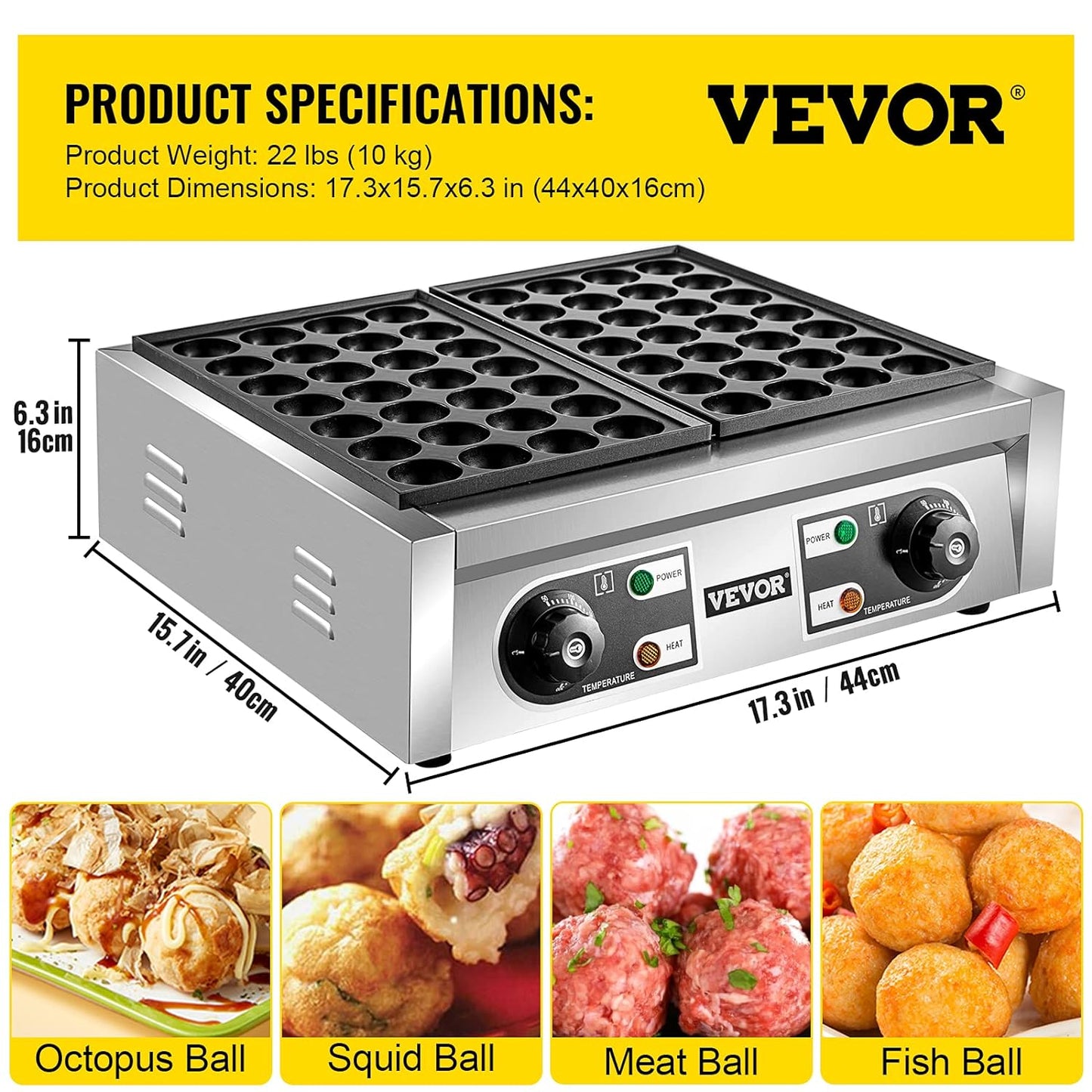 VEVOR Commercial Takoyaki Maker, 56PCs Japanese Octopus Fish Ball Machine, 2kW Heating Takoyaki Grill Maker, Octopus Meatball Machine w/ 2 Non-Stick Plates, Fish Ball Maker w/Independent Temp Control