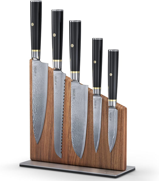 Yatoshi Magnetic Kitchen Knife Block Set 6 Pcs - Japanese 67 Layer High-Grade VG-10 Damascus Steel Knives, Sharp, G10 Handle Professional Kitchen Knife Set