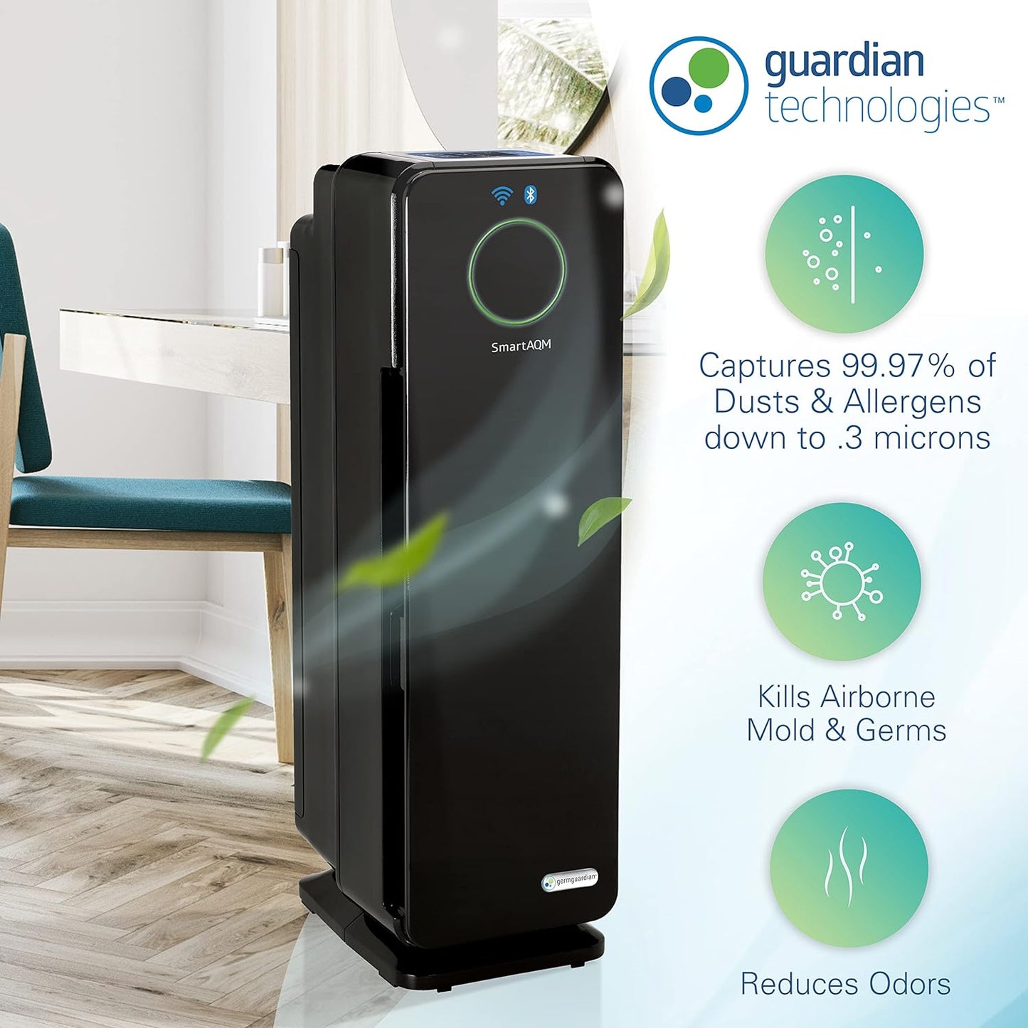 GermGuardian Wi-Fi Bluetooth Smart Voice Control Air Purifier, UV Light Sanitizer Eliminates Germs, Mold, Odors, True HEPA Filters Allergies, Pollen, Smoke, Dust, Pet Dander, 22 inch, CDAP4500BCA