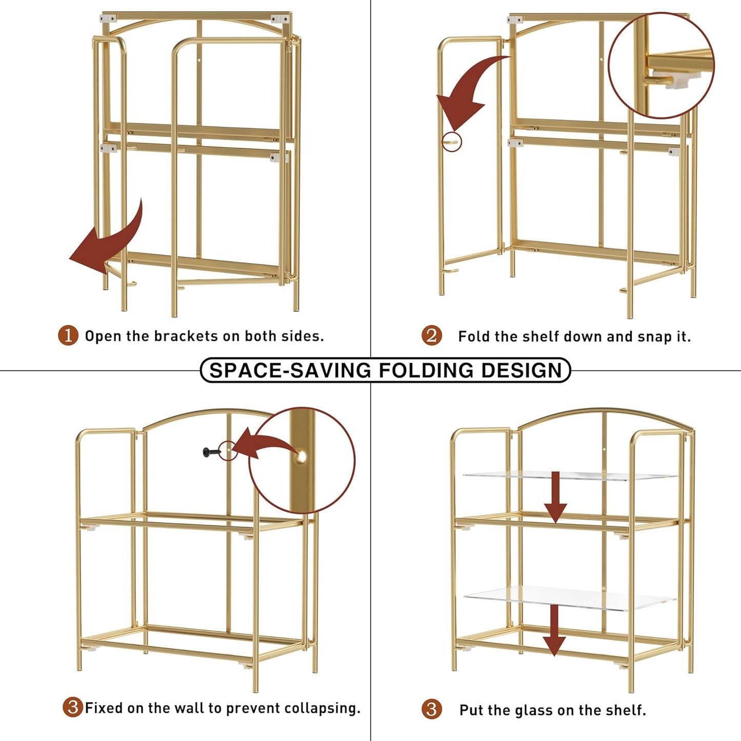 No Assembly Folding Bookshelf, 2 Tier Gold Bookshelf, Metal Book Shelf for Storage, Folding Bookcase for Office Organization and Storage, 12.6" D x 22.44" W x 28.74" H