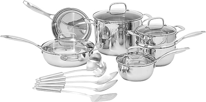 Amazon Basics Stainless Steel 15-Piece Cookware Set, Pots, Pans and Utensils, Silver