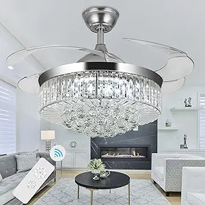 36" Chandelier Ceiling Fan Light, Modern Retractable Invisible Ceiling Fan Light Remote Control 4 Retractable ABS Blades for Bedroom Living Room Dining Room Decoration