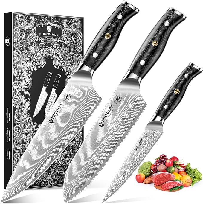 Damascus Knife Set 3 PCS with Premium VG10 Damascus Steel, Ultra-Sharp Professional Japanese Kitchen Knife Set, Full Tang Chef Knife Set with G10 Handle, Gift Box