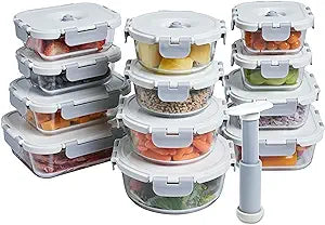 Vacuum Seal Glass Food Storage Containers With Hand Pump, 25 Piece Set, Airtight Pantry Kitchen Storage Containers w/Lids, Meal Prep Containers for Lunch, Leftovers