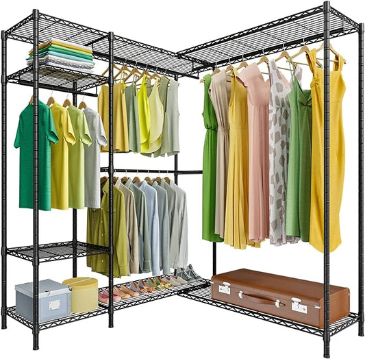 Ulif L2 L-shaped Clothes Rack, Freestanding Heavy-Duty Garment Rack with 6 Wire Shelves and 4 Hanger Rods, Portable Wardrobe Closet - 44" W x 43.3" L x 77.5" H, Max Load 802 LBS, Black