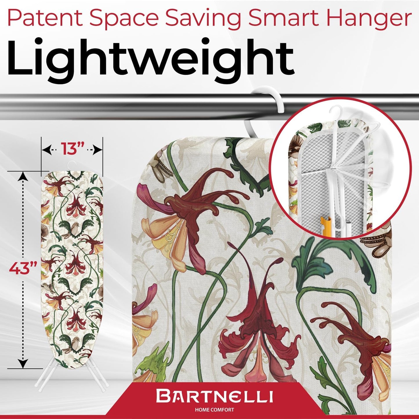 Bartnelli Ironing Board | Vintage Design by Anna Handel, Comfortable Ironing with Thick Padding & Eco-Friendly Cover | 13x43 Space-Saving with Smart Folding & Hanging, Effortless Ironing, White