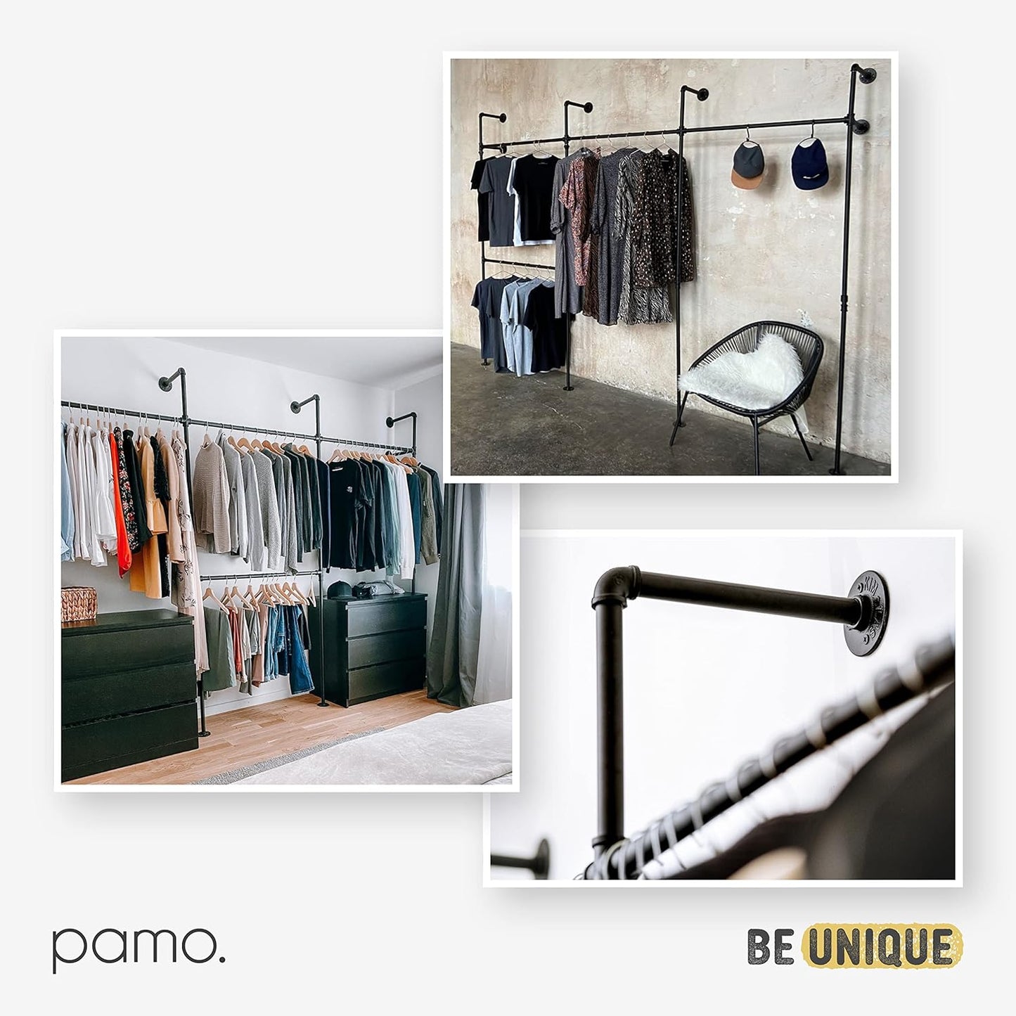 pamo Black Industrial Pipe Clothing Rack - LOFT IV - Steplessly Adjustable Closet Organizer System for Ceiling Heights between 86" - 98"- Suitable as Closet Clothes Rack or Room Divider