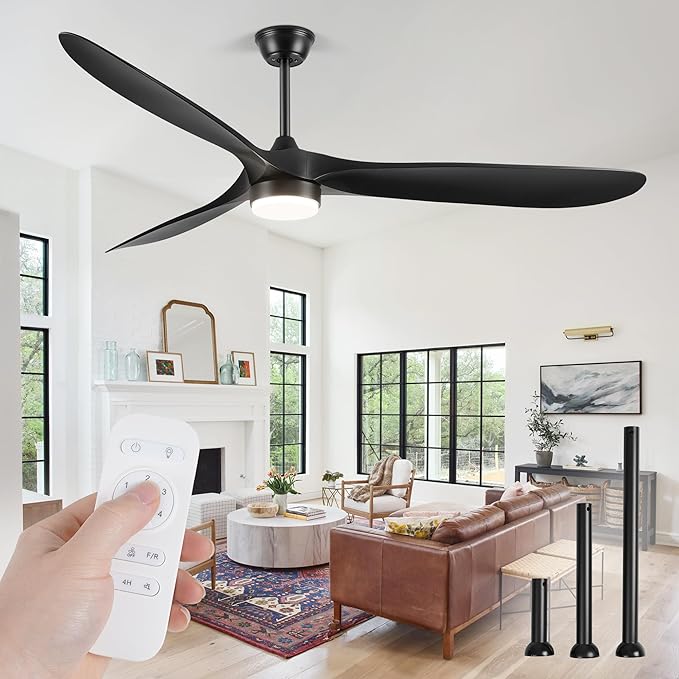 70 Inch Outdoor Ceiling Fan，Black Modern Ceiling Fans with Lights and Remote, 6 Speeds, 3 Large Blades Farmhouse Ceiling Fans with 3CCT for Bedroom, Living room, Patio