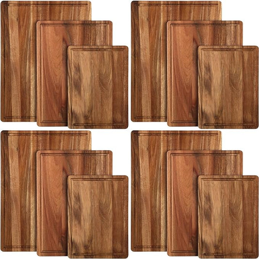 Tioncy 12 Pcs Wood Cutting Board Set Thick Wooden Cutting Boards for Kitchen Butcher Block Cutting Board with Juice Groove for Meat Cheese Fruit Trays, 16x12, 14x10, 11x8 Inch(Acacia)