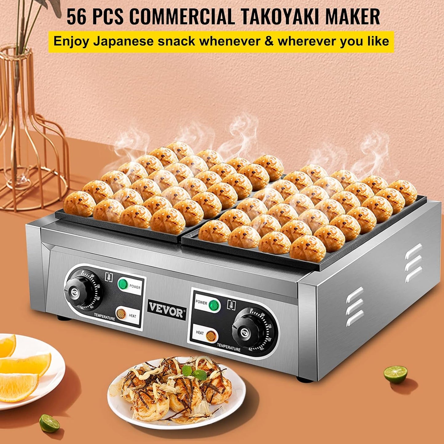 VEVOR Commercial Takoyaki Maker, 56PCs Japanese Octopus Fish Ball Machine, 2kW Heating Takoyaki Grill Maker, Octopus Meatball Machine w/ 2 Non-Stick Plates, Fish Ball Maker w/Independent Temp Control