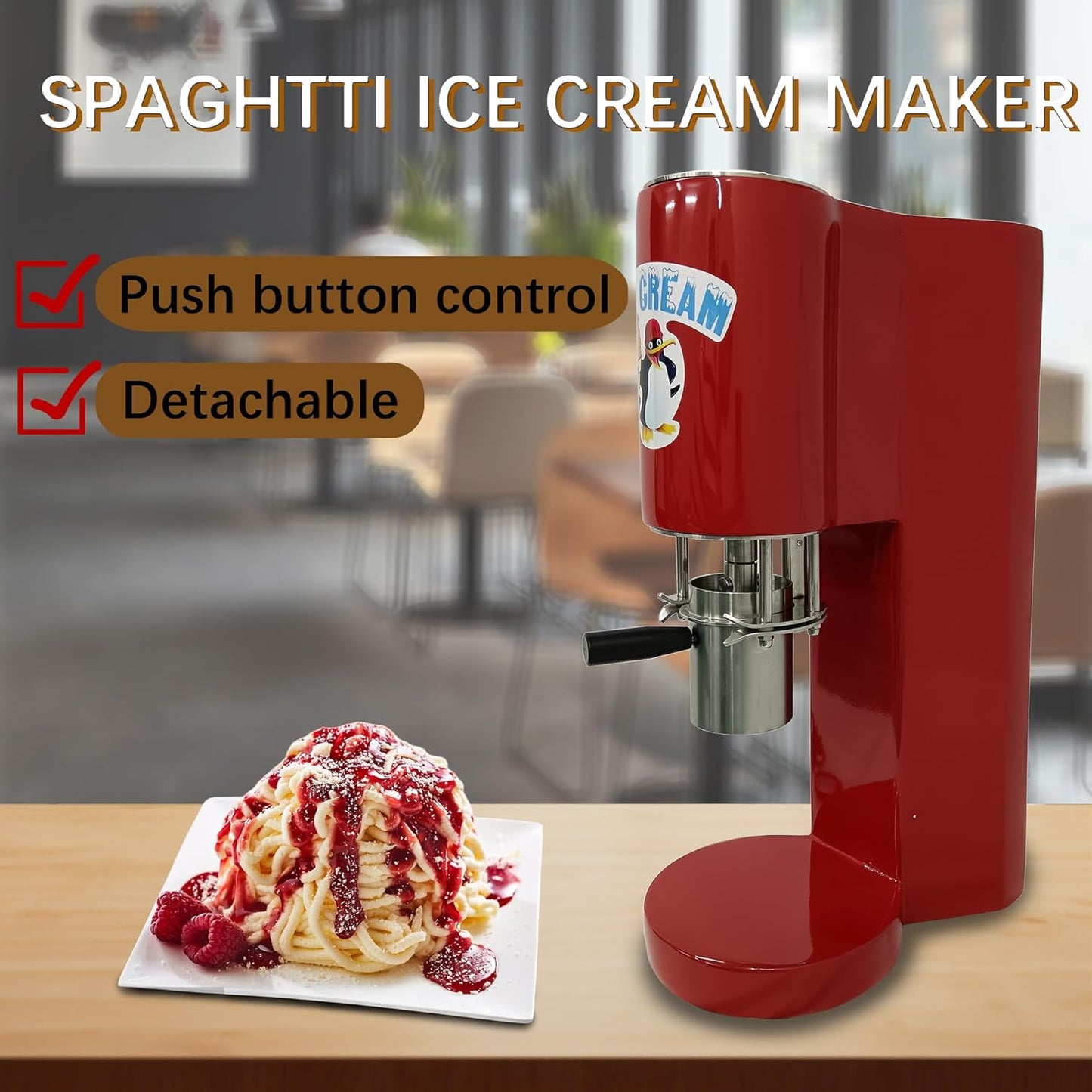 Spaghetti Ice Cream Maker, Noodles Ice Cream Machine with 4 Noodle Moulds, Spaghetti Noodle Gelato Ice Cream Making Machine, Ice Cream Noodle Machine Commercial or Household Use(Red)