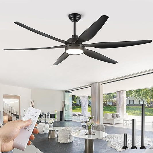 66 inch Large LED Ceiling Fans with Lights and Remote, Indoor/Outdoor Noiseless DC Motor Modern Black Ceiling Fan for Patio Living Room, 3 CCT, 6 Speed Reversible, 6 Blades