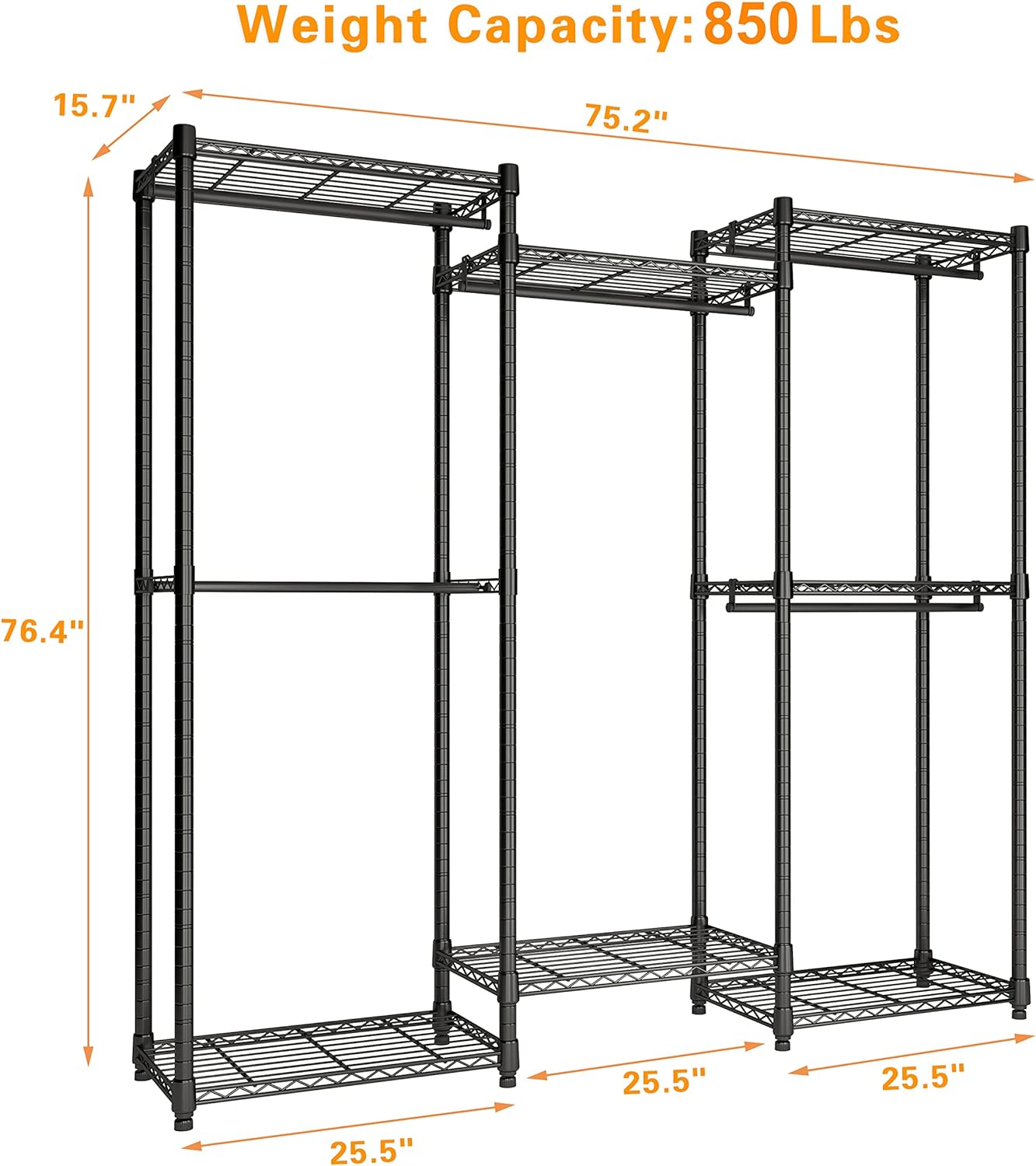 T3 Portable Closet Clothes Rack, Heavy Duty Clothing Rack with 5 Hang Rods & 7 Shelves, Adjustable Closet Organizers and Storage Wardrobe, 75.2" W x 15.7”D x 76.4”H, Max Load 850LBS