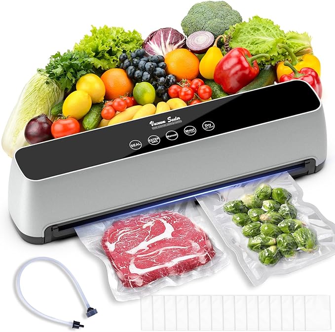 Vacuum Sealer, 70 Kpa One-Touch Full Automatic Vacuum Sealer with LED Touch Screen Indicator Lights, Air Sealing System for Food Storage Dry/Moist Modes, 15 Seal Bags & 1 Air Suction Hose