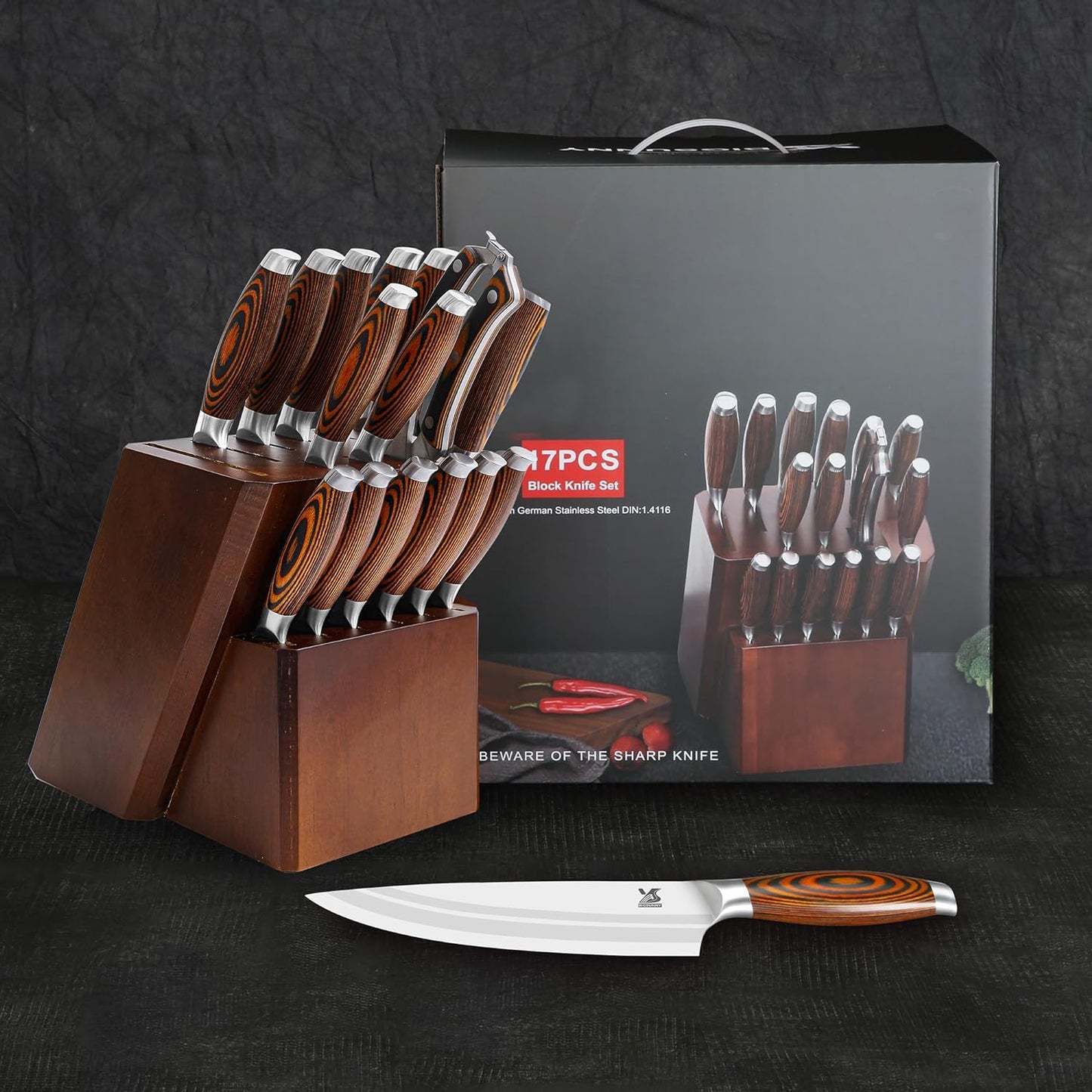 MSY BIGSUNNY Knife Block Set 17-piece Knife Set with Wooden Block - German Steel Perfect Cutlery Set Gift