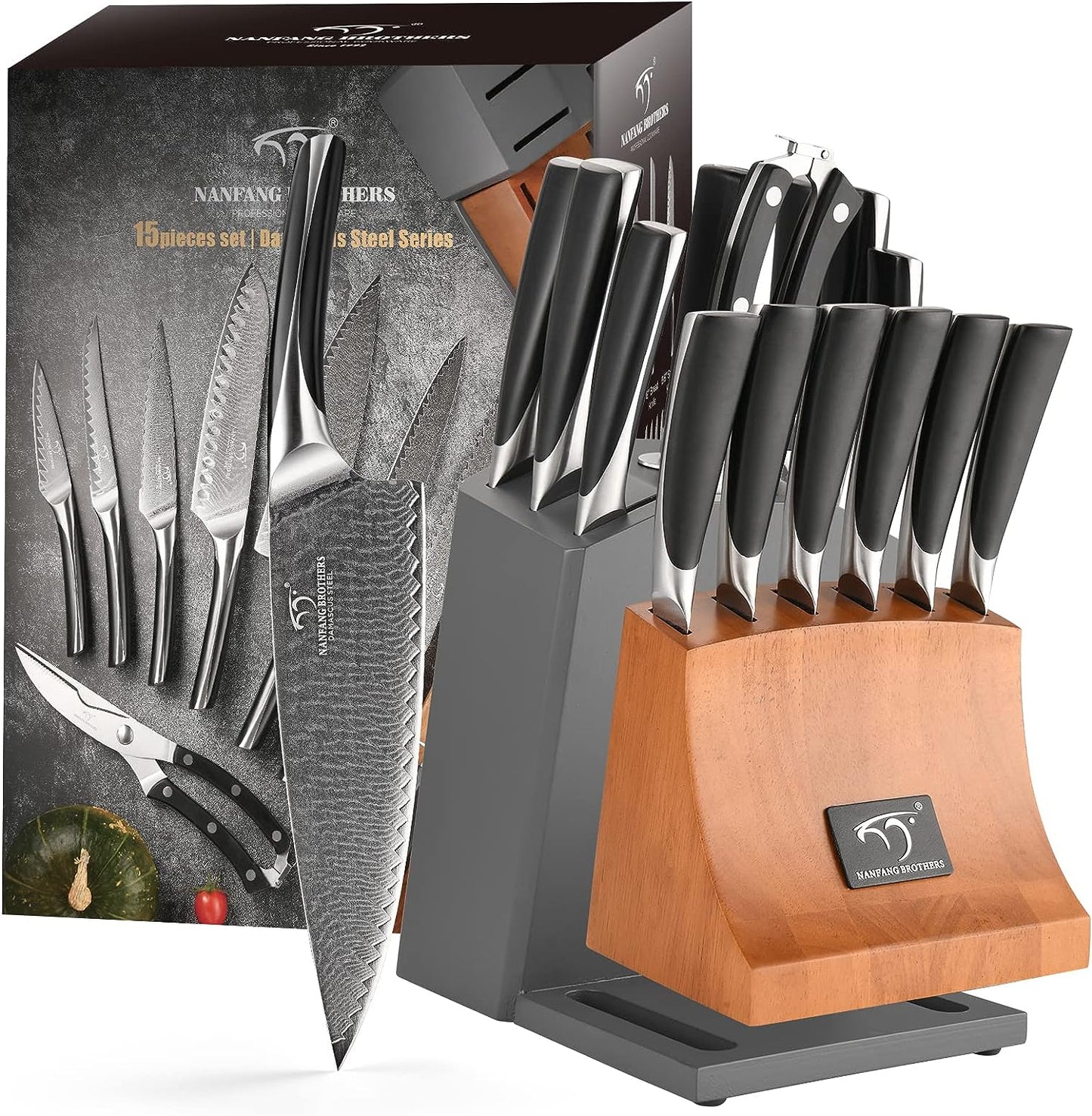 Knife Set, NANFANG BROTHERS 15-Piece Damascus Kitchen Knife Set with Block, ABS Ergonomic Handle for Chef Knife Set, Carving Fork, Disconnect-type Knife Block Set