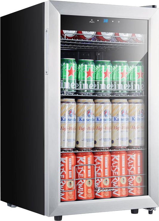 Kalamera Mini Beverage Refrigerator Freestanding- 102 Cans Capacity Beverage Cooler- for Soda, Water, Beer or Wine - For Kitchen or Bar with Whit Interior Light