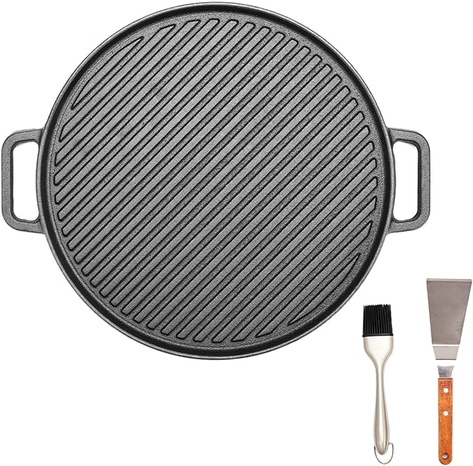 WANGYUANJI Cast Iron Grill Pan,11.8inch Round Cast Iron Skillets with Dual Handles for Barbecue,Suitable for All Stoves with Spatula and Brush