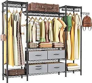 Large Garment Rack Heavy Duty Clothes Rack,Freestanding Closet Portable Clothing Rack with 8 Adjustable Wire Shelves,3 Hang Rods,4 Fabric Drawers,2 Hooks,Metal Closet Storage Wardrobe,MaxLoad 900lbs