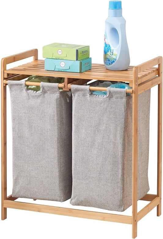 mDesign Freestanding Bamboo 2 Section Double Laundry Organizer Hamper with Removable Storage Sorter Bags, Space-Saving Basket Duo with Handles for Clothes/Linens - Echo Collection - Natural/Tan