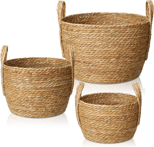 Zhehao 3 Pcs Woven Storage Baskets with Handles Round Baskets Woven Organizer Baskets Decorative Rope Basket Bin for Living Room Bathroom Laundry Toys Storage Nursery, 3 Size (Jute Grass, Rustic)