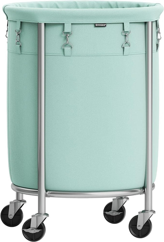 SONGMICS Laundry Basket with Casters, Rolling Laundry Hamper, 29 Gal., Round Laundry Cart with Steel Frame and Removable Bag, 4 Casters and 2 Brakes, Mint Green and Metallic Silver URLS002C01