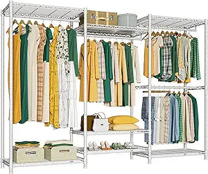 Ulif E8 Heavy-Duty Garment Rack, Freestanding Extra Large Clothes Rack with 7 Wire Shelves and 4 Hanger Rods, Closet Organizers and Storage, 86.6" W x 14.5" D x 71.2" H, Max Load 880 LBS, White