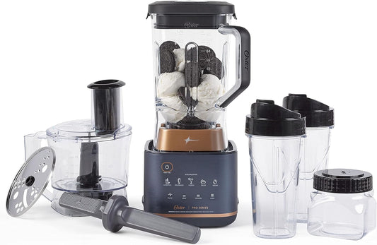 Oster Pro Series Kitchen System with XL 9-Cup Tritan Jar, Food Processor, 2 Blend-n-Go Cups, Mini Jar and Tamper Tool, Dark Blue