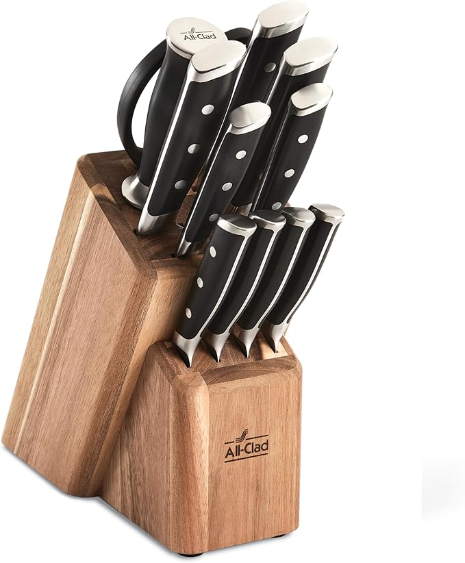 All-Clad Forged German Stainless Steel Knife Set and Acacia Wood Block 12 Piece, Fully Forged, Expert Precision, Knife Set, Cookware Knife Block Set, Kitchen Knives, Ultra Sharp, Kitchen Utensils