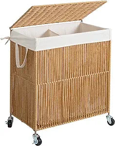 WOWLIVE Laundry Hamper with Wheels, Handwoven Rolling Laundry Basket with Lid, Clothes Hamper with Divided Removable Liner Bag, 115L Large Capacity Laundry Sorter Laundry Room Organization, Natural