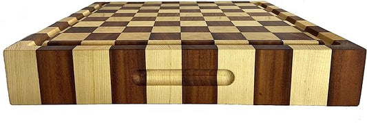 END GRAIN Exotic Hardwood Reversible Cutting Board (Checker - Alaskan Yellow Cedar and Honduras Mahogany, 18"x18"x3"-Square)