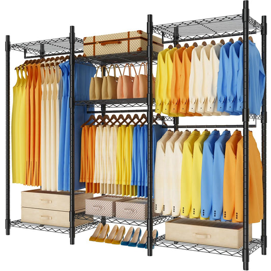 EasyCom Garment Rack, Heavy Duty Clothes Rack with 7 Shelves and 4 Hanger Rods, Closet Organizer System, Closet Clothes Rack, Free Standing Closet, 17.7" D x 70.5" W x 76.8" H, Max Load 900LBS, Black