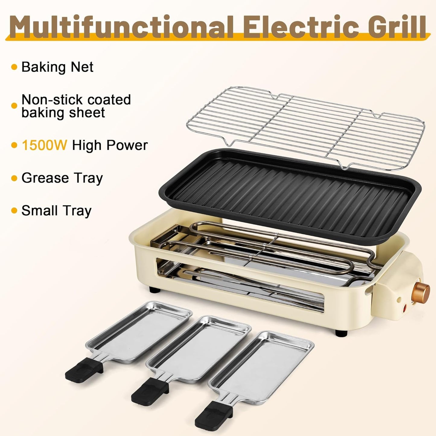 Electric Indoor Grill,2 in 1 Indoor Grills for Kitchen with Grill Net & Non-Stick Cooking Removable Plate, Temperature Control, Dishwasher Safe, 1500W Smokeless Grill