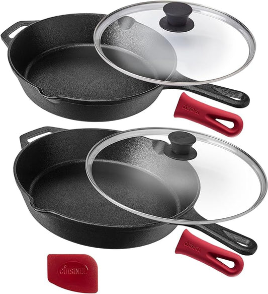 Cuisinel Cast Iron Skillet Set - 10" + 12" Frying Pan + Glass Lids + 2 Handle Cover Grips - Pre-Seasoned Oven Cookware - Indoor/Outdoor Use - Grill, Stovetop, Induction, BBQ, Camping, Fire Use