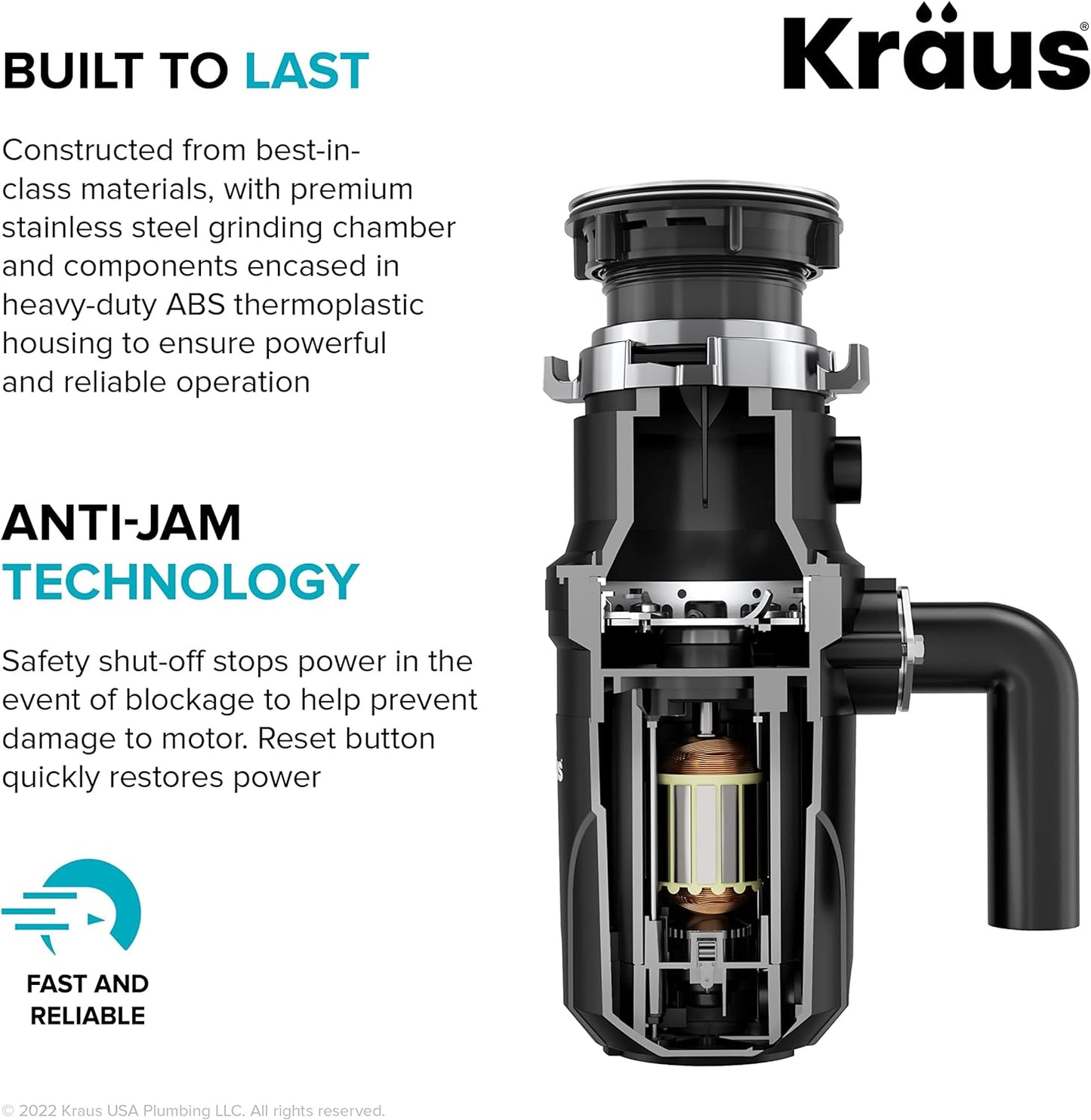 Kraus KWD100-33MBL WasteGuard Continuous Feed Garbage Disposal with Ultra-Quiet Motor for Kitchen Sinks with Power Cord and Flange Included, 1/3 HP, Black-Quick-Connect