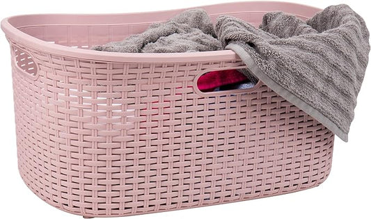 Mind Reader 40L Laundry Basket, Clothes Hamper, Lid, Wicker Design, Plastic, 23"L x 14.25"W x 11"H, Pink