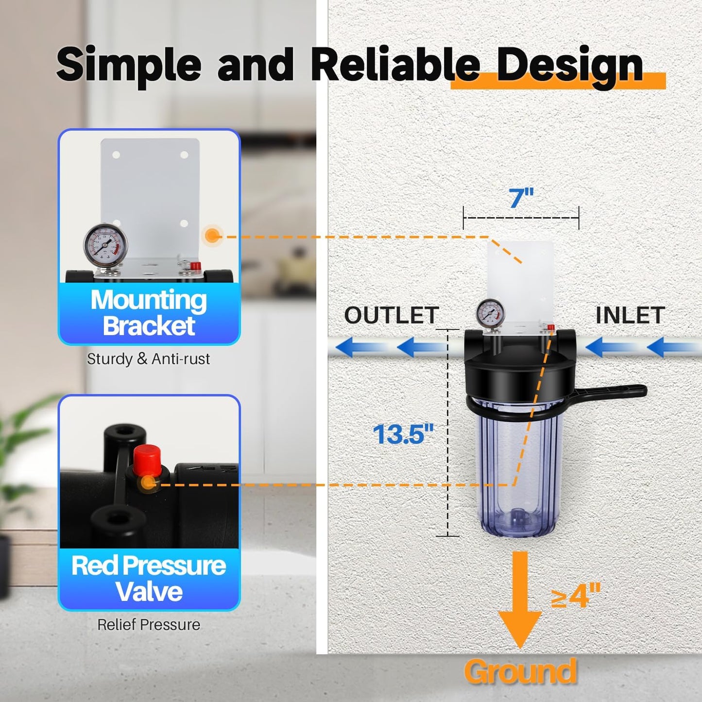 PUREPLUS Whole House Water Filter Housing, 10"x4.5" Universal Housing, Pre-Filtration System, 1" NPT