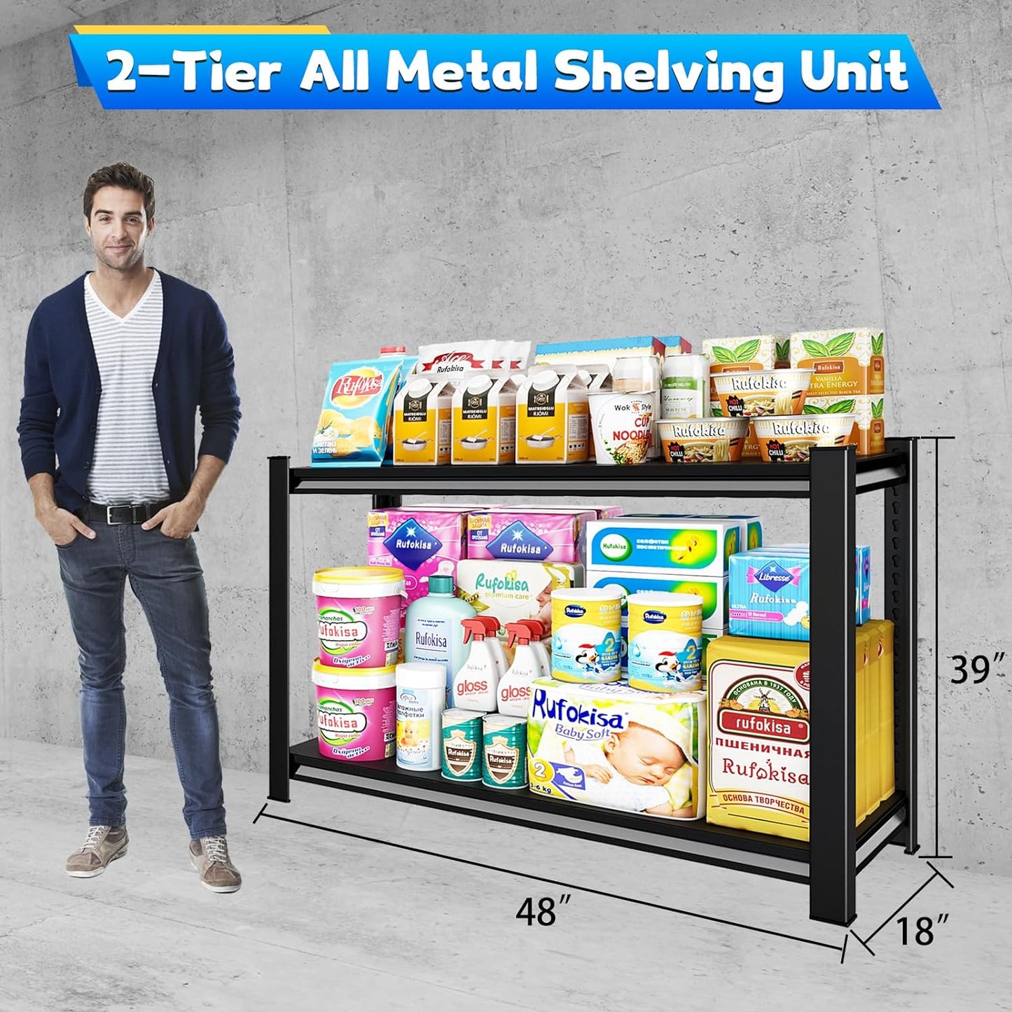 48" W Garage Shelving Heavy Duty，1100LBS Loads Adjustable Garage Storage Shelves,2-Tier Metal Storage Racks and Shelving Units, Utility Rack Shelves,48”W x 18”D x 39”H,Black