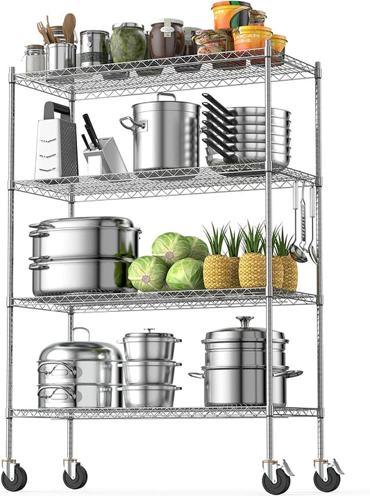 Luxspire Wire Shelving Unit with Wheels, 2400LB Heavy Duty NSF Commercial-Grade Adjustable Storage Shelves, Metal Shelving Utility Rack, Kitchen Garage Organizer Shelf Rack,4-Tier 48x18x72 in, Chrome