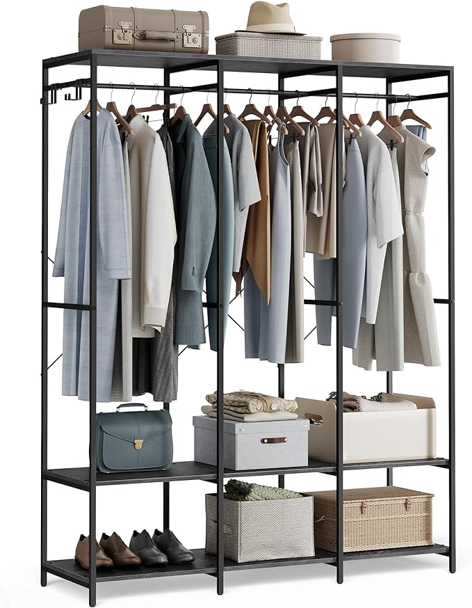 SONGMICS Clothes Rack, Iron and Wood Wardrobe Closet Organizer, Heavy Duty Garment Rack with Hanging Rods, Closet Shelves, Removable Hooks, 15.7 x 55.5 x 70.9 Inches, Ebony Black URGR005B56