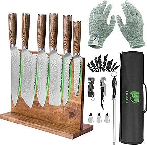 FULLHI 13pcs butcher Knife Set,Japanese Knife Set,Premium Japan Stainless Steel Kitchen Knife Set with Knife roll package and Magnetic Knife Block Holder